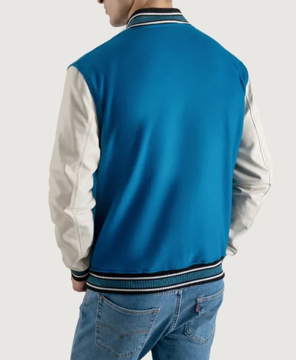 Roderick Sky Blue and White Varsity Letterman Jacket Back