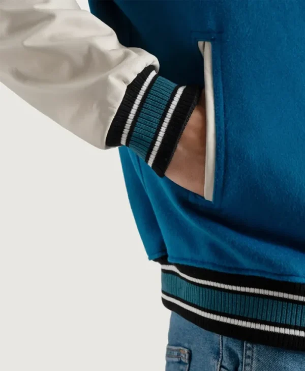 Roderick Sky Blue and White Varsity Letterman Jacket Rib