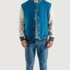 Roderick Sky Blue and White Varsity Letterman Jacket Stand