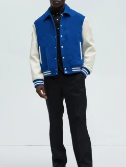 Royal Blue White Varsity Jacket For Mens Stand Up