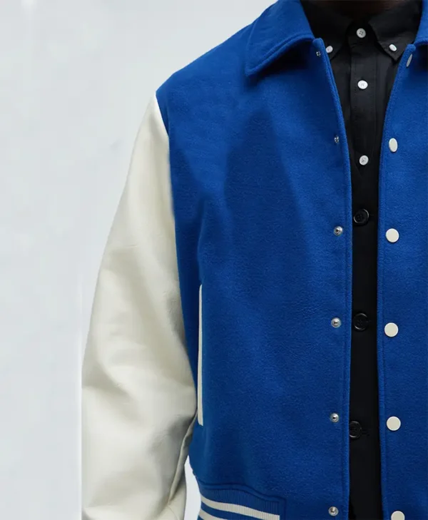 Royal Blue White Varsity Jacket For Mens Wool