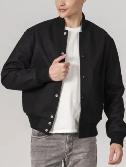 Simple Black Wool Baseball Varsity Jacket Closure