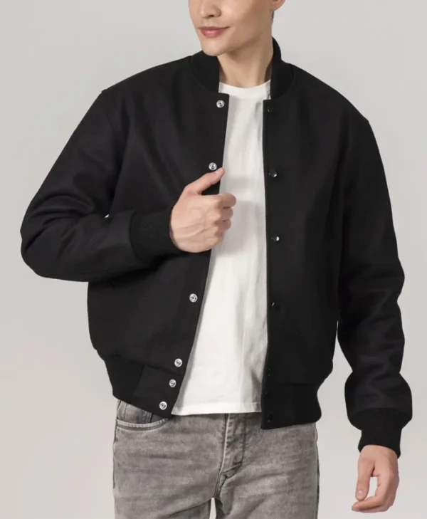 Simple Black Wool Baseball Varsity Jacket Closure