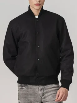 Simple Black Wool Baseball Varsity Jacket Main