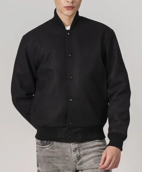 Simple Black Wool Baseball Varsity Jacket Main