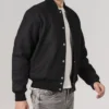 Simple Black Wool Baseball Varsity Jacket Side
