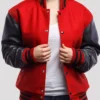 Stacie Red Wool Body Black Leather Sleeves Lettermen Jacket Buttoned