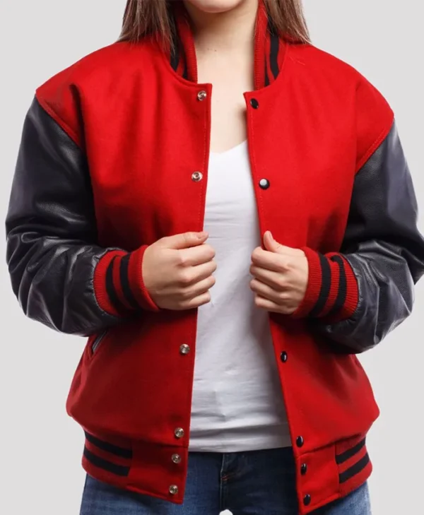 Stacie Red Wool Body Black Leather Sleeves Lettermen Jacket Buttoned