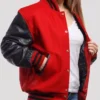 Stacie Red Wool Body Black Leather Sleeves Lettermen Jacket Closure