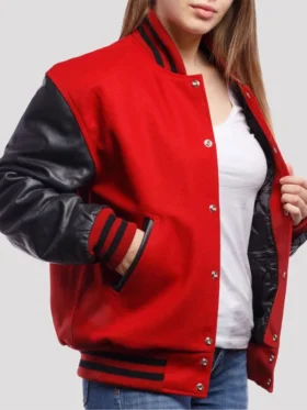 Stacie Red Wool Body Black Leather Sleeves Lettermen Jacket Closure