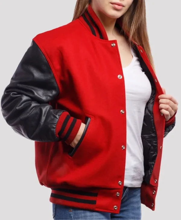 Stacie Red Wool Body Black Leather Sleeves Lettermen Jacket Closure