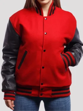Stacie Red Wool Body Black Leather Sleeves Lettermen Jacket Main