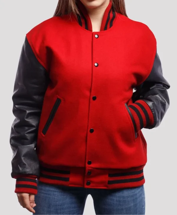 Stacie Red Wool Body Black Leather Sleeves Lettermen Jacket Main