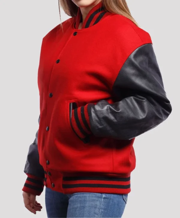 Stacie Red Wool Body Black Leather Sleeves Lettermen Jacket Side