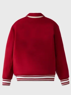 Stand Ford Red Trendy Drop Down Collar Varsity Jacket Back