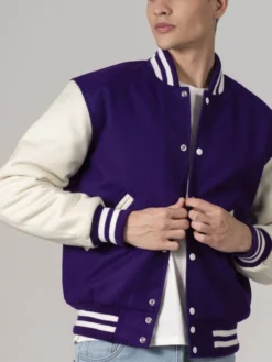 Stylish Purple And White Varsity Jacket Unisex Buttoned