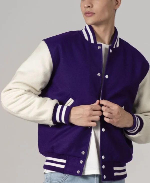 Stylish Purple And White Varsity Jacket Unisex Buttoned