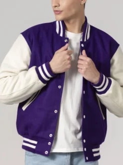 Stylish Purple And White Varsity Jacket Unisex Close