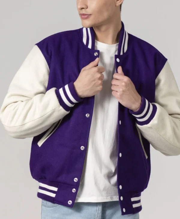 Stylish Purple And White Varsity Jacket Unisex Close