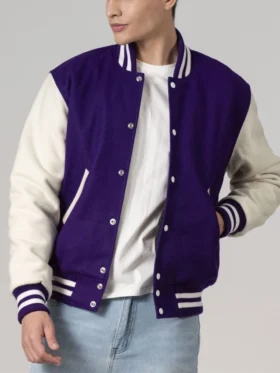 Stylish Purple And White Varsity Jacket Unisex Main