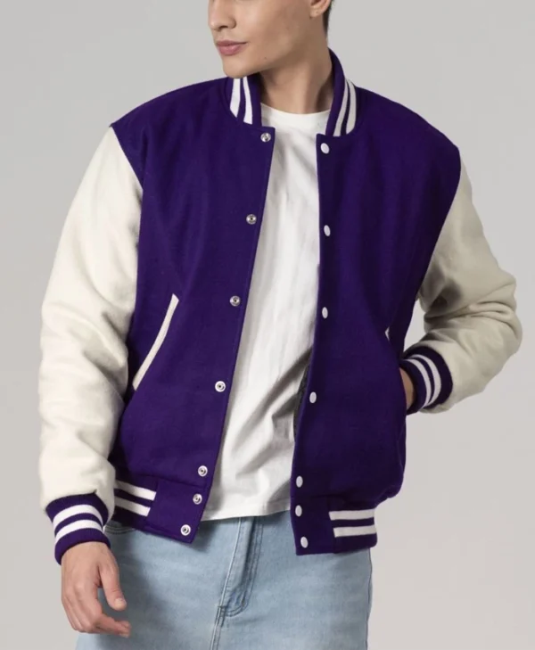 Stylish Purple And White Varsity Jacket Unisex Main