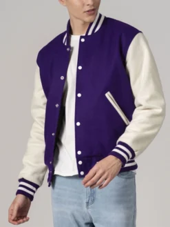 Stylish Purple And White Varsity Jacket Unisex Style