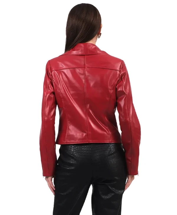 Stylish Womens Red Leather Biker Jacket Back
