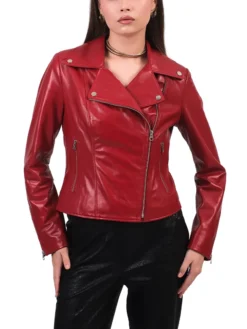 Stylish Womens Red Leather Biker Jacket Front
