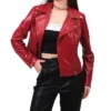 Stylish Womens Red Leather Biker Jacket Pocket