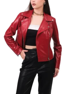 Stylish Womens Red Leather Biker Jacket Pocket