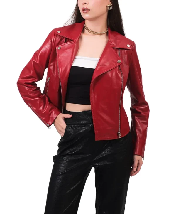 Stylish Womens Red Leather Biker Jacket Pocket