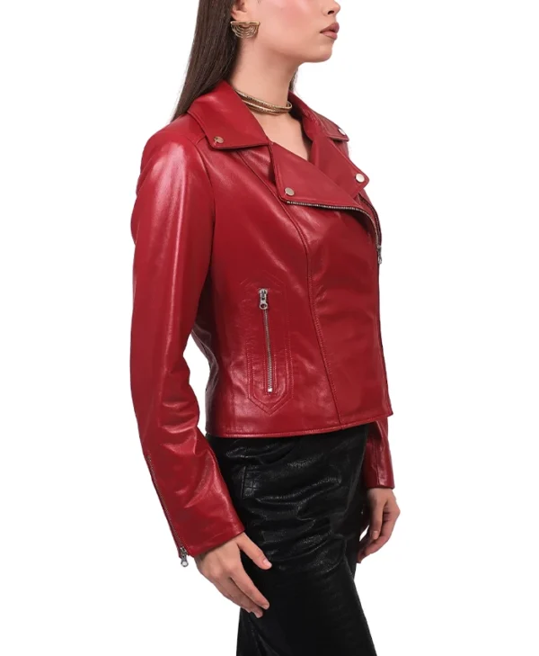 Stylish Womens Red Leather Biker Jacket Side