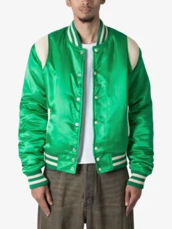 Trendy Satin Green Letterman Varsity Jacket Main