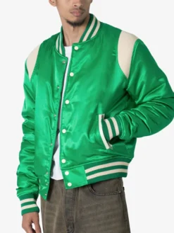 Trendy Satin Green Letterman Varsity Jacket Pockets