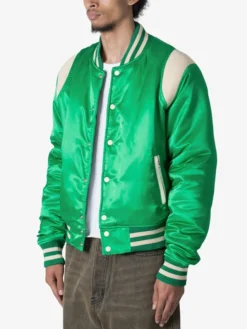 Trendy Satin Green Letterman Varsity Jacket Side