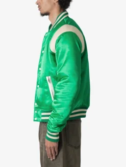Trendy Satin Green Letterman Varsity Jacket Side Style