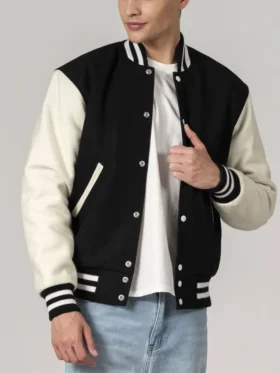 Unisex Black And White Varsity Lettermen Jacket Closure