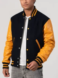 Unisex Black And Yellow Leather Varsity Jacket Buttoned