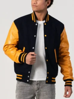 Unisex Black And Yellow Leather Varsity Jacket Closure