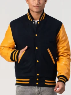 Unisex Black And Yellow Leather Varsity Jacket Main