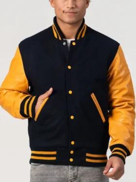 Unisex Black And Yellow Leather Varsity Jacket Main