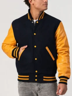 Unisex Black And Yellow Leather Varsity Jacket Pockets