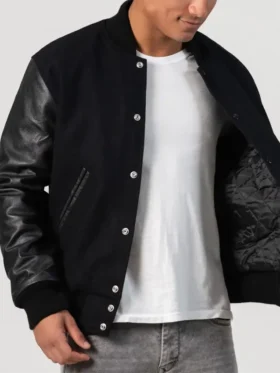 Unisex Black Varsity Jacket With Leather Sleeves Closure