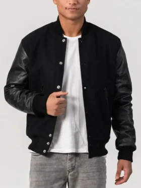 Unisex Black Varsity Jacket With Leather Sleeves Main