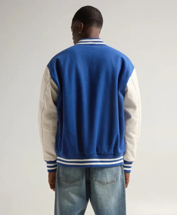 Unisex Blue And White Varsity Jacket Back