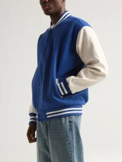 Unisex Blue And White Varsity Jacket Side