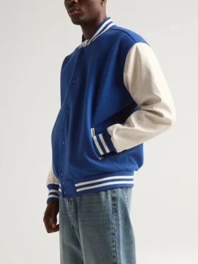 Unisex Blue And White Varsity Jacket Side