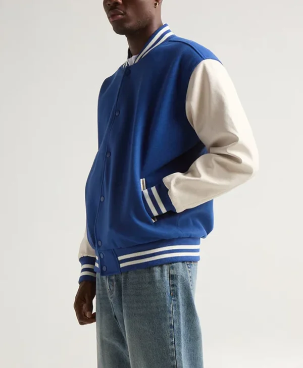 Unisex Blue And White Varsity Jacket Side