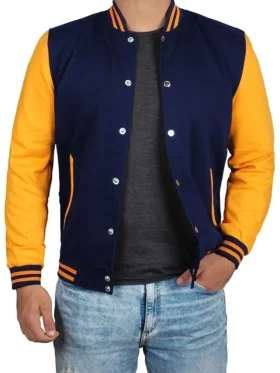 Unisex Blue And Yellow Varsity Bomber Jacket Closure