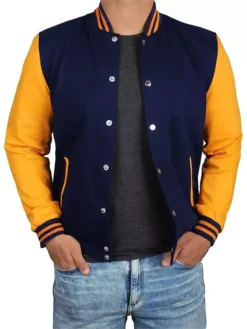 Unisex Blue And Yellow Varsity Bomber Jacket Pockets